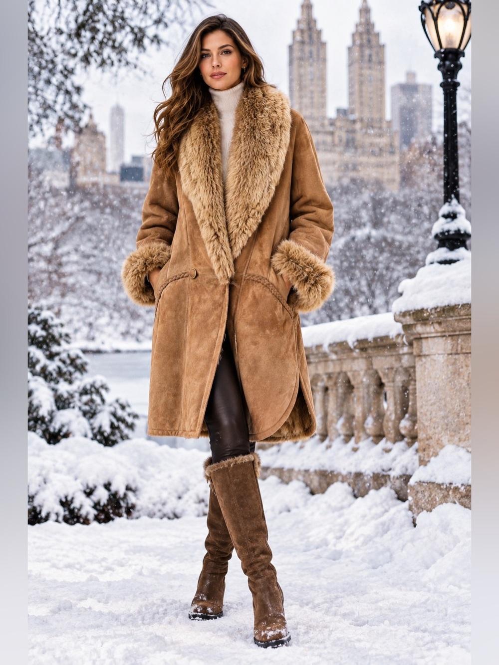 Toppolino Cognac Genuine Shearling Mid-Length Coat Fur Trim Pockets Sz 40 L-XL